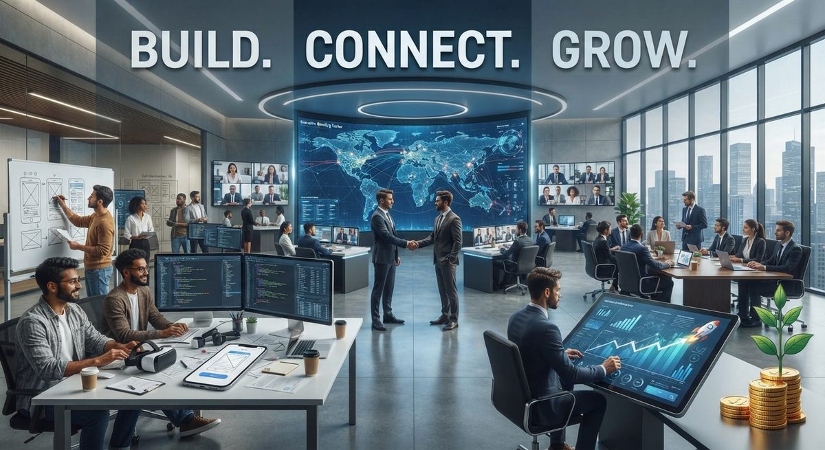 Modern LGINI-style office where developers, designers and business partners build, connect and grow together